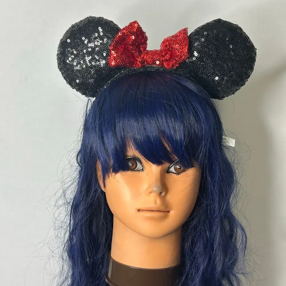 Disney Minnie Mouse Sequin Ear Headband Red Bow Black Ears 2024
